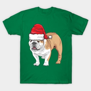 Santa Hat-Wearing Cute Bulldog Funny Christmas Holiday T-Shirt